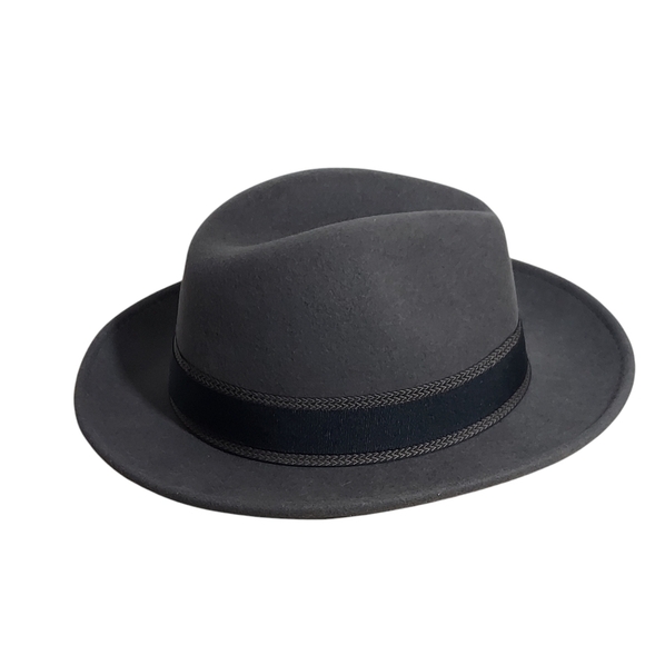 Hats in the Belfry 100% Gray Wool Fedora Black bow hatband and feather - Picture 6 of 15